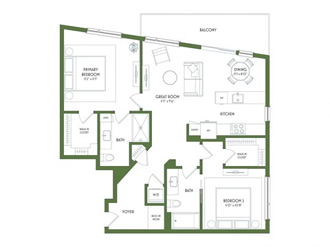 Floor plan for 2 beds, 2 baths, 1111 sqft